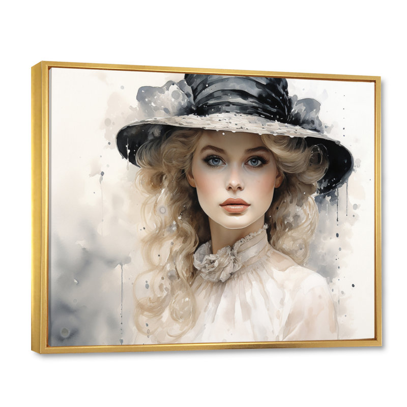 «Fashion Woman with Hat Timeless Beauty I», reproduction d'art sur toile, H 16 po x l 32 po x P 1 po, Cadre flottant doré