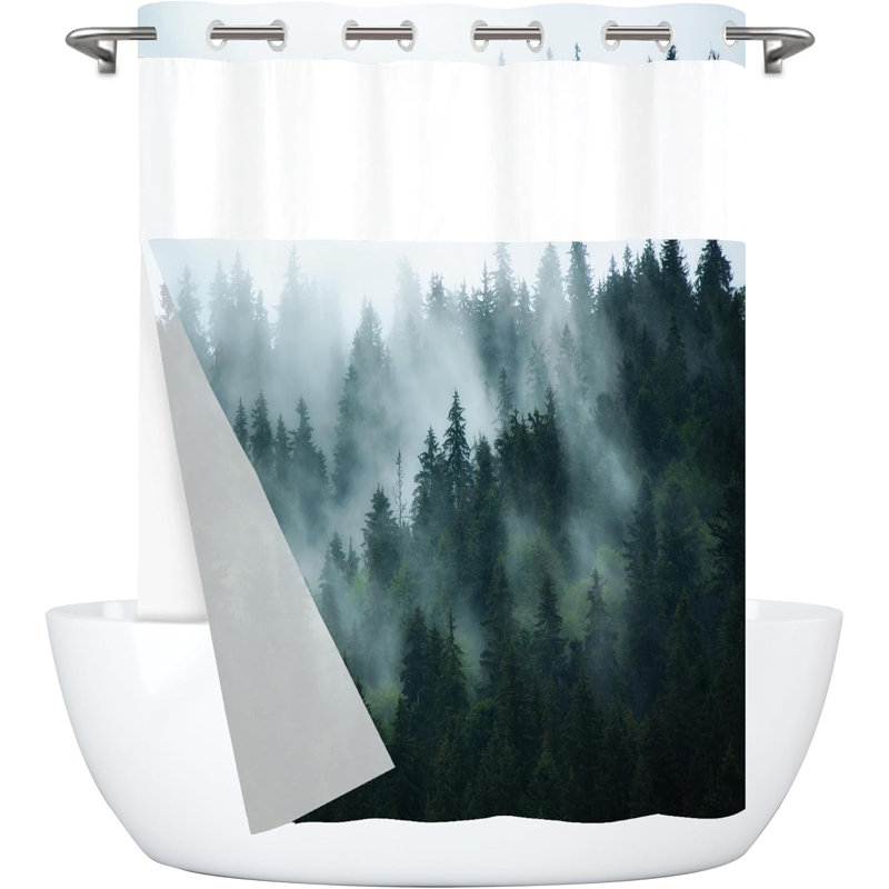 No Hook Shower Curtain With Snap-In Liner, Double Layer Waterproof Fabric With Mesh Top Window, Nature Landscape Misty Forest Design, Hotel Style Easy Installation, Machine Washable