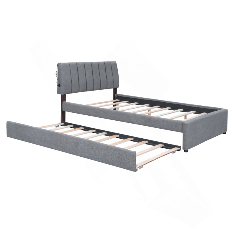 Lit plateforme tapissier avec lit gigogne double Teddy, Gris