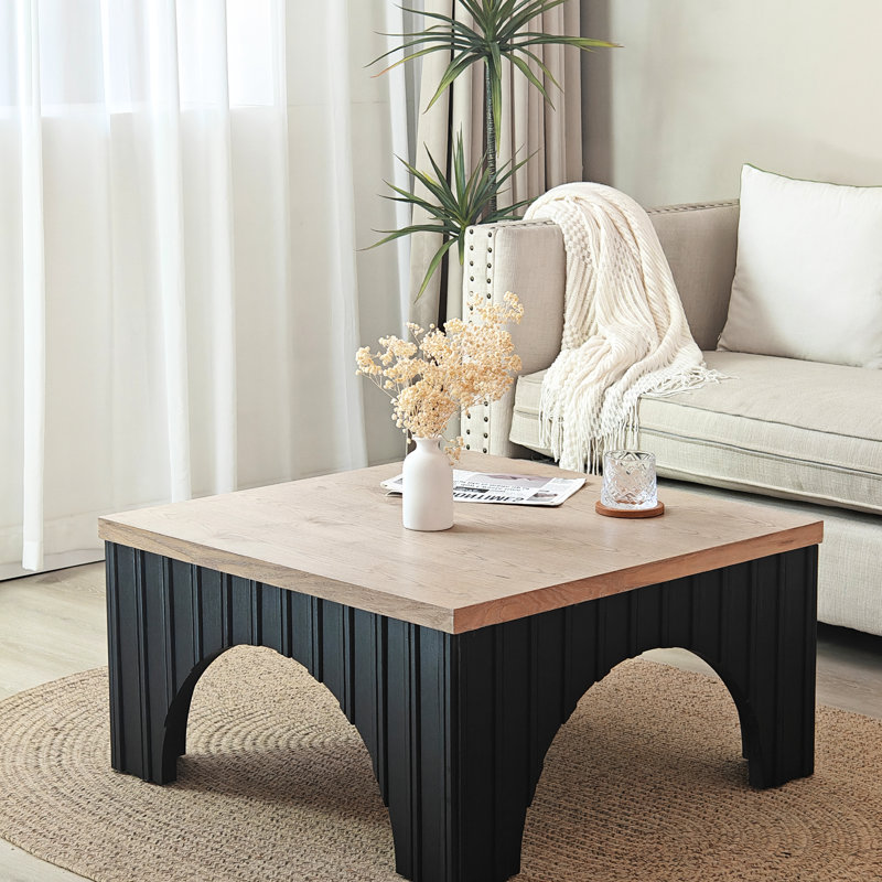 Table basse moderne avec plateau en bois massif - Base noire pour bureau avec dessus de salon rustique, pieds élégants