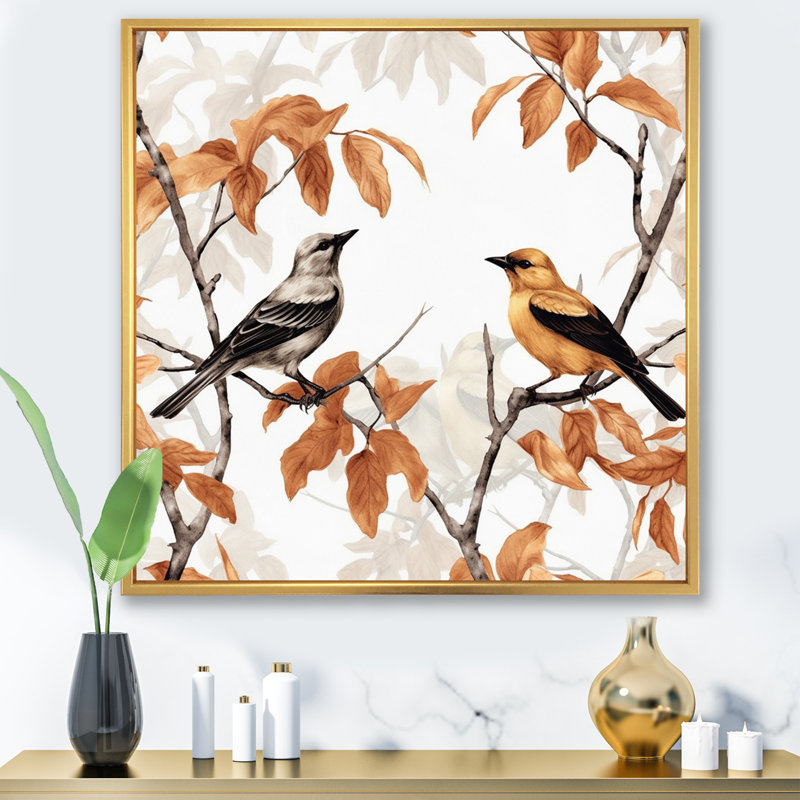 «Brown Birds On Trees I», reproduction d'art sur toile, 16" H x 16" W, Cadre flottant doré