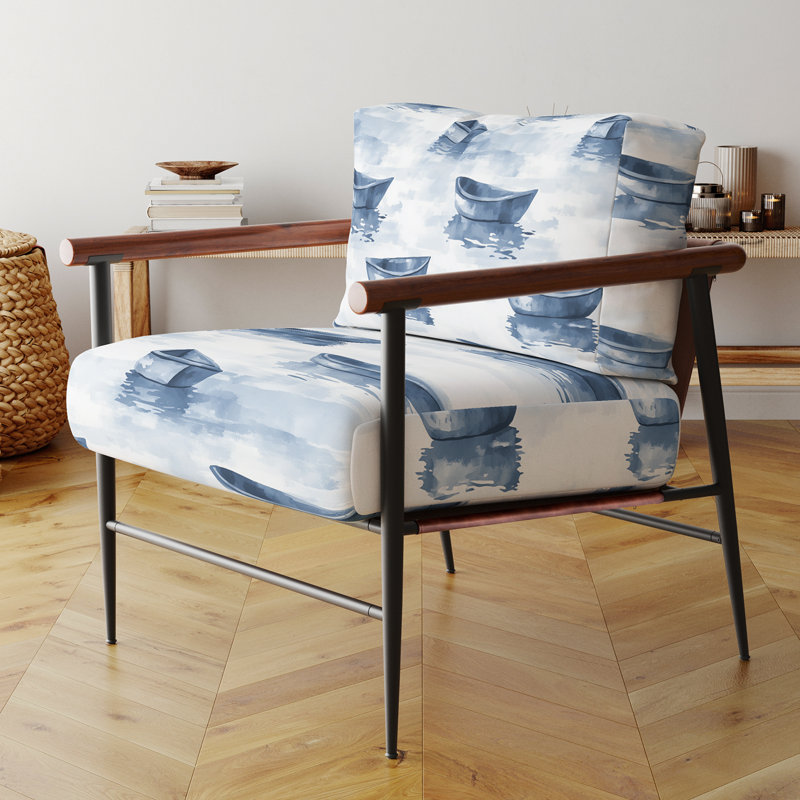 Chaise d'appoint Coastal - Fauteuil Rustic Lake Mist Blue, Bras ronds bruns