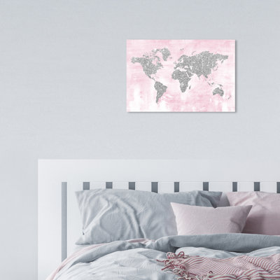 Oliver Gal " Pink And Silver Glitter Map, Glitter World Map Modern Pink " by Oliver Gal Painting Print