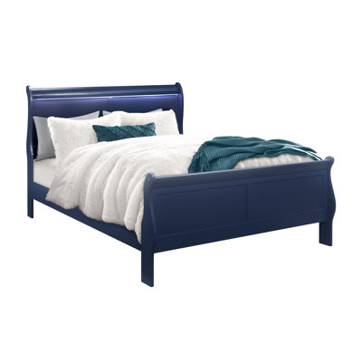 Grand lit avec apparence bleue et tête de lit à DEL, bois massif et maquillage, pieds tournés, profondeur de 62,07 po, largeur de 88,54 po, hauteur de 46,44 po, poids de 77,5 lb, matelas non dimensionné, matériau, pieds