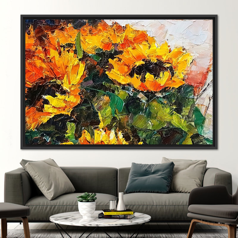«Sunflower Bouquet Abstract Wall Art», affiche sur toile botanique contemporaine pour la décoration intérieure, Noir