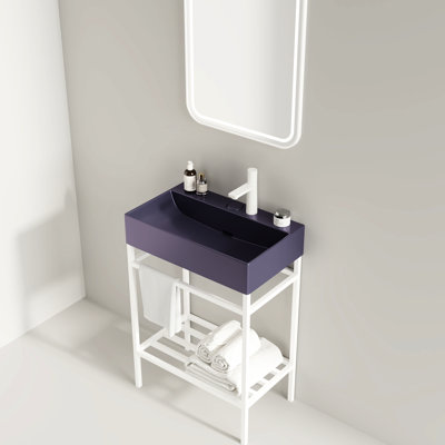 24" Bathroom Vanity With Ceramic Basin - Purple Rectangular Basin, Freestanding Console Sink, White, Modern Scandinavian, Strong Iron Shelf, Assembly Is Not Tough & Design, Sink Closet Cupboard