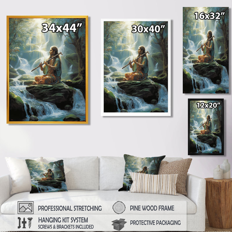 Joueur de flûte sur rocher dans la rivière - musicien, art mural, salon, Toile avec cadre flottant brun