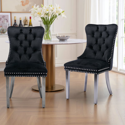 Ensemble de 6 chaises de salle à manger en velours rembourrées haut de gamme avec garniture cloutée et pieds en métal, collection Nikki de style contemporain