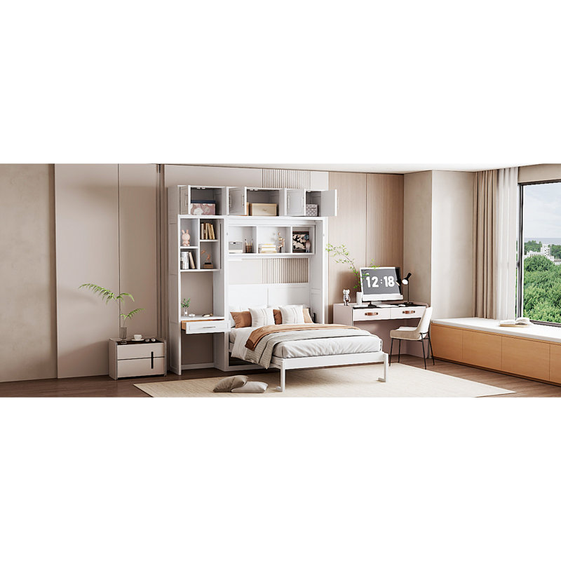 Lit escamotable mural avec bureau, armoire supérieure et tablettes de rangement, lit pliable peu encombrant pour espaces de vie compacts