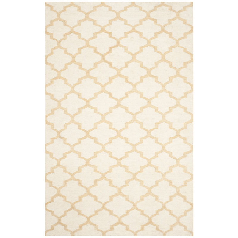 Ivory and Gold Flatweave Wool Geometric Area Rug, 5' x 8'