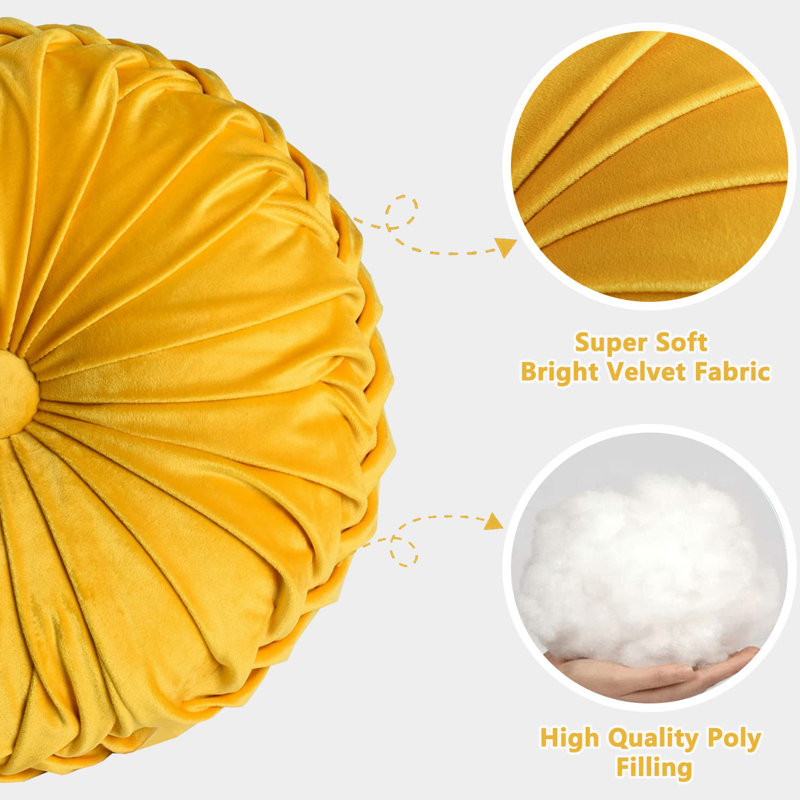 Set of 2 Yellow Velvet Round Pleated Throw Pillows