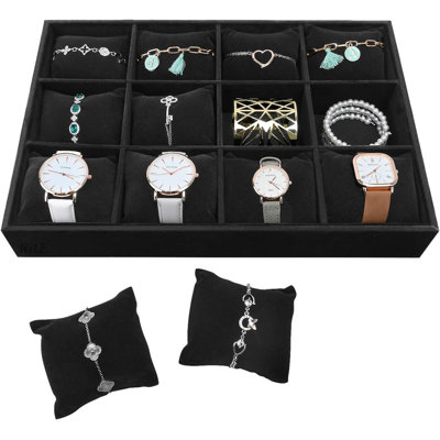 Black Velvet Jewelry Watch Tray Display Organizer with Grid Pillows Watch Bracelet Bangle Display Case Adjustable Pillow