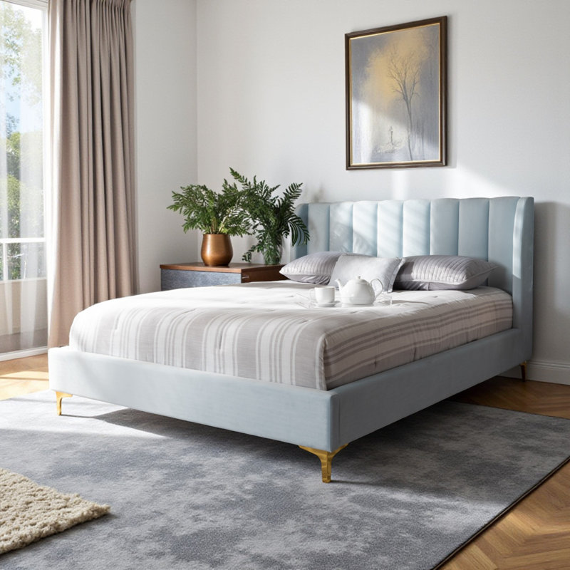 Jacqeuline Upholstered Wingback Bed, Light Blue