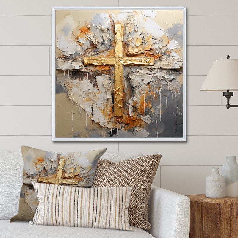 Impression sur toile, art mural doré, H 36 po x l 36 po x P 1,5 po, Cadre flottant blanc