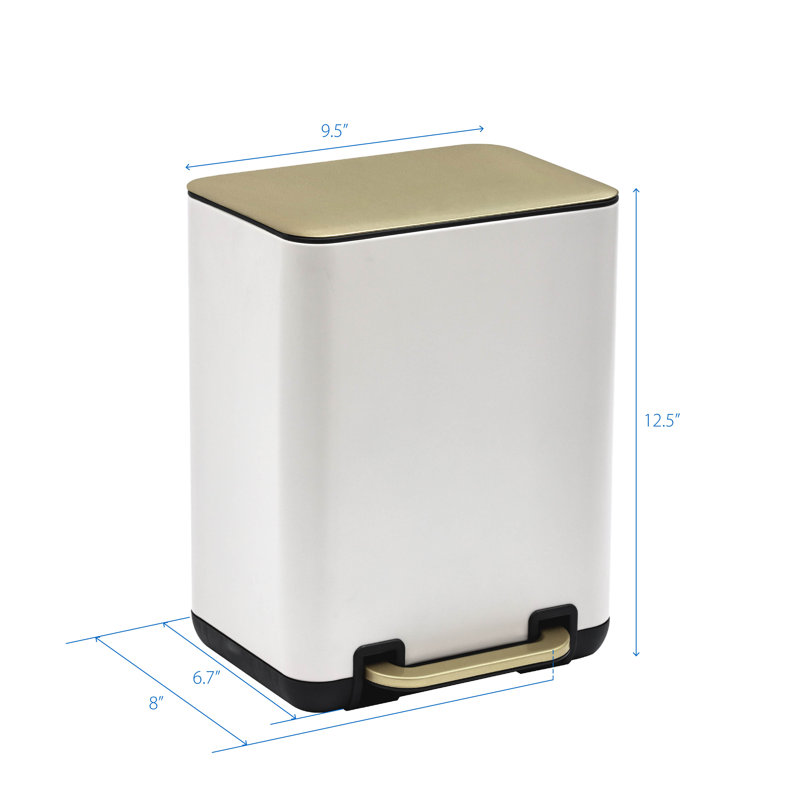 6 Litre / 1.58 Gallon Rectangle Step On and Slow Close Trash Can with Plastic Inner Buckets, White/Gold