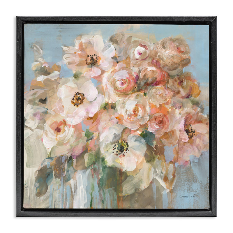 Bouquet de roses, blanc, floral, H 18 po x l 18 po, Cadre flottant noir de jais