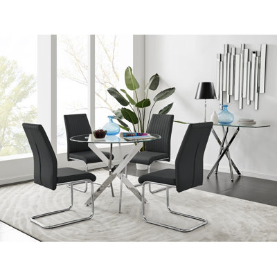 Tierra Modern Chrome Metal & Glass Round Dining Table Set with 4 Upholstered Faux Leather Chairs