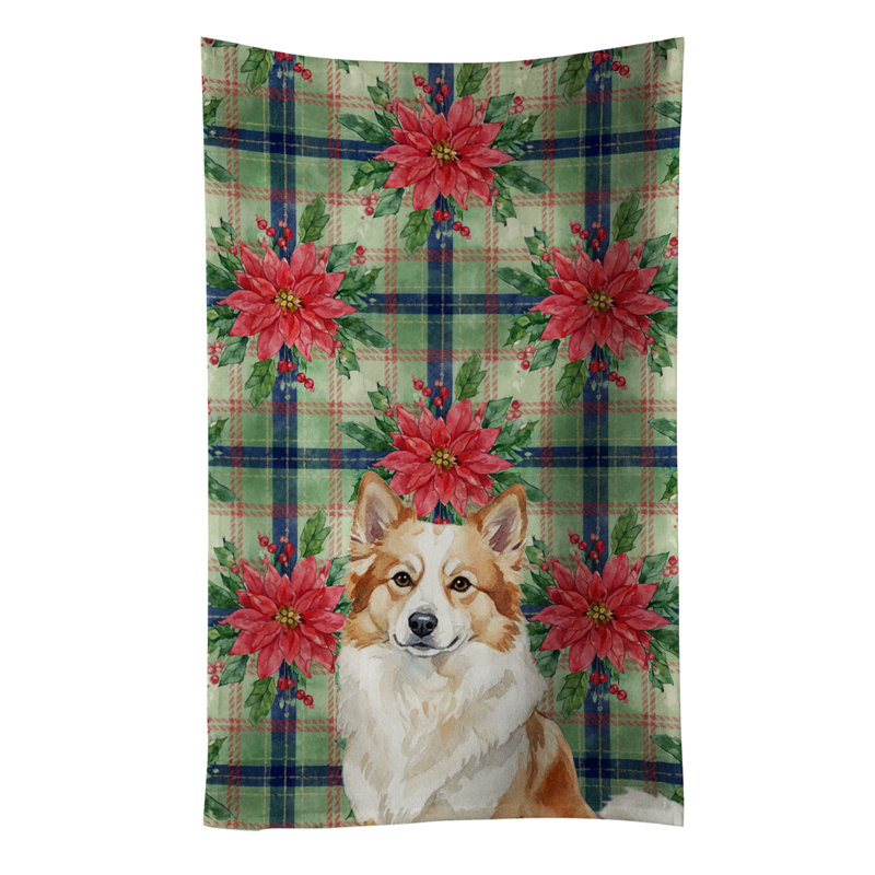 Tan Icelandic Sheepdog Christmas PoinsettIas Kitchen Towel, Tan Icelandic Sheepdog