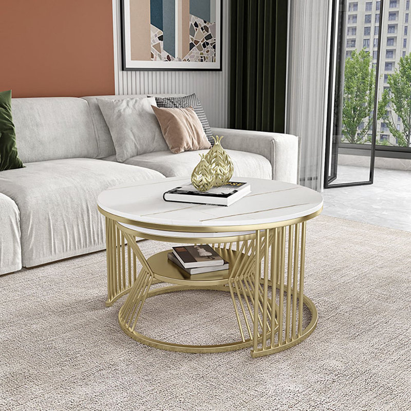 Round 2-Piece Nesting Set Sintered Stone Top White Coffee Table With Metal Frame