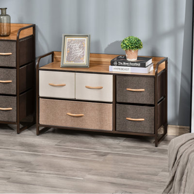 5-Drawer Dresser, Fabric Chest Of Drawers, 2-Tier Storage Organizer For Bedroom Entryway, Tower Unit With Steel Frame Wooden Top, Maple Wood