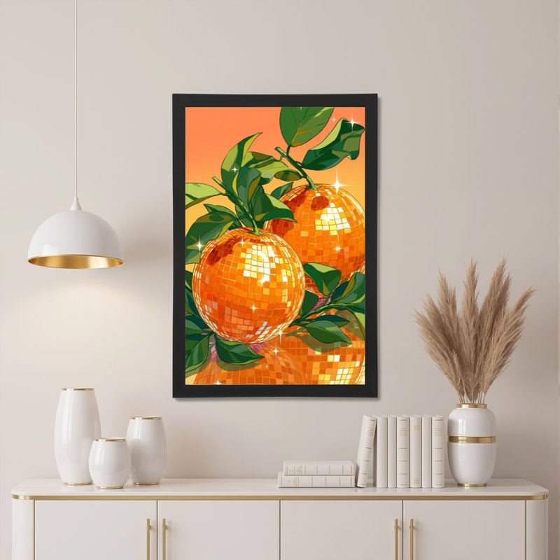 Ensemble de 1 tableau sur toile à motif de boule disco orange et de fruits, H 30 po x l 20 po