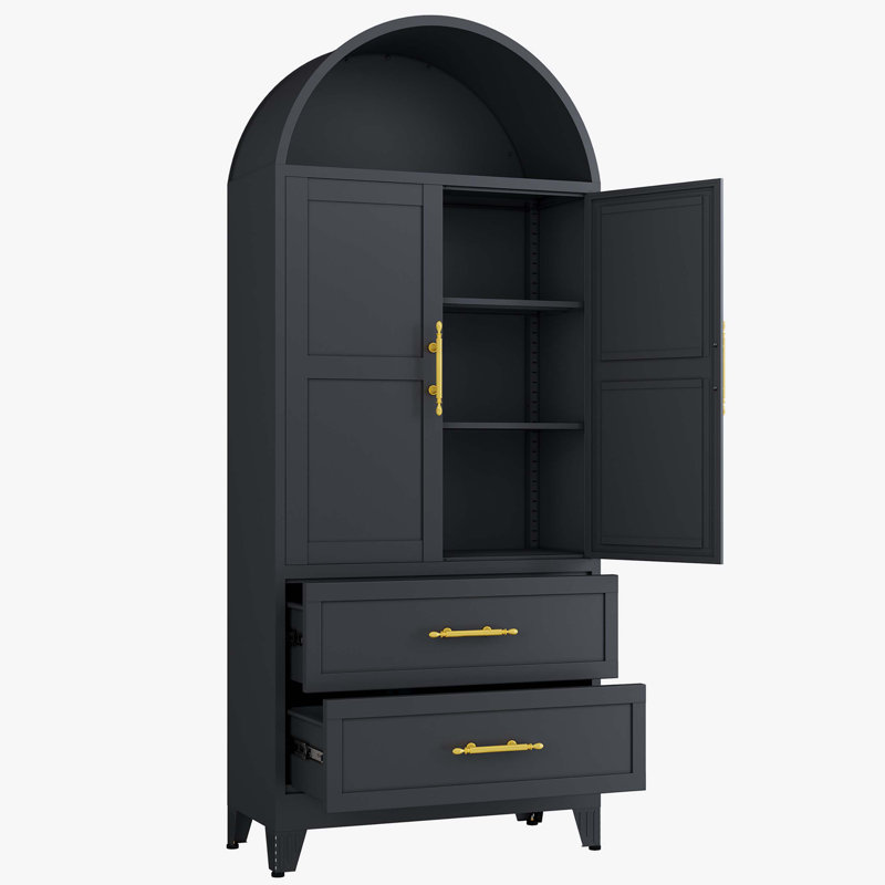 73 Inch Tall Metal Arched Cabinet with 2 Doors, 2 Adjustable Shelves, and Open Storage, Modern Farmhouse Design for Versatile Use