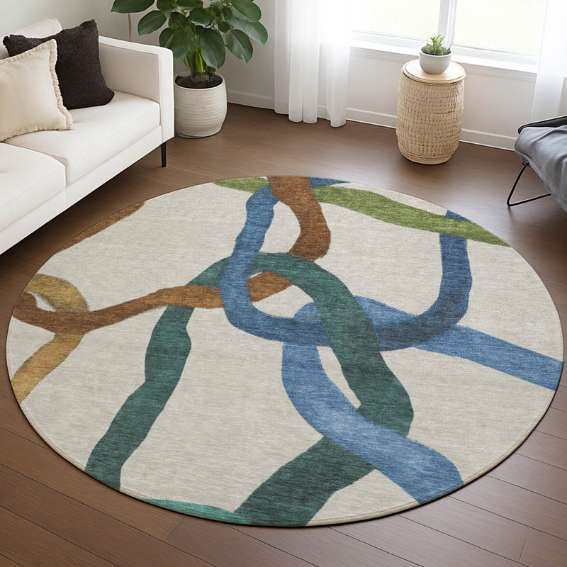 Tapis abstrait lavable à la machine intérieur / extérieur ACN2394, Rond 8 pi