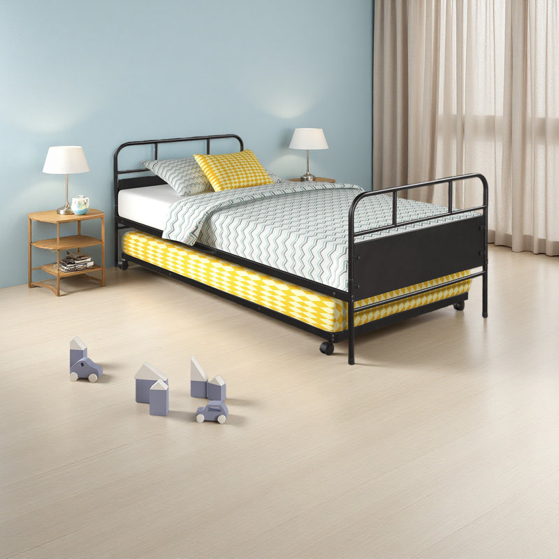 Metal Daybed Platform Bed Frame With Trundle Built-In Casters, Twin Size