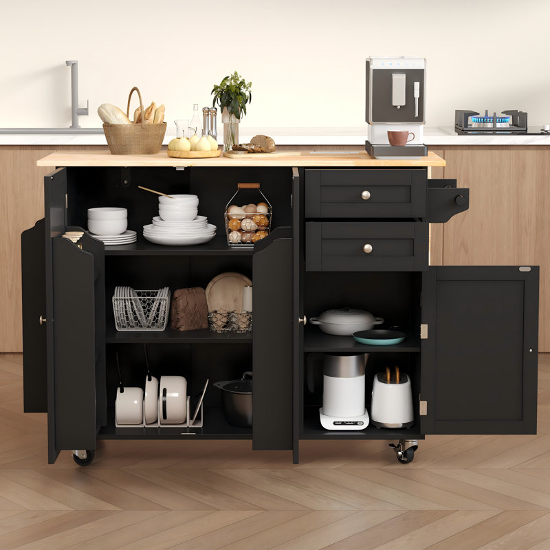  50.4" Kitchen Island With Drop Leaf & Power Outlet, Farmhouse Rolling Island Cart With 3 Spices Shelves On Wheels, Mobil Kitchen Island Table With Rubberwood Countertop Towel Rack