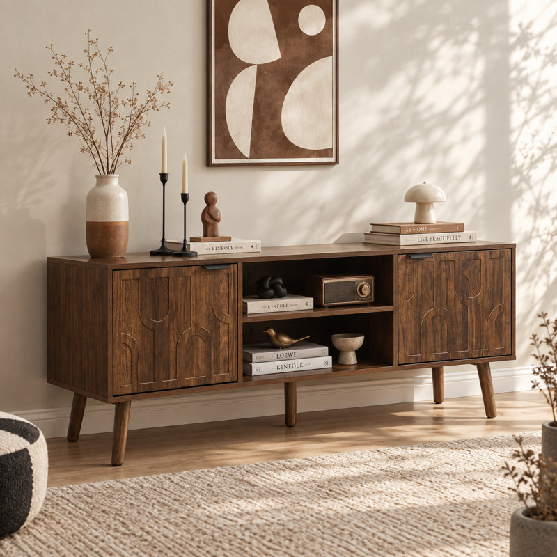 Meuble télé moderne de 120 cm (47,2 po) avec 2 portes, centre de divertissement de style milieu du siècle avec étagères de rangement ouvertes, console multimédia pour chambre, salon, couloir, brun