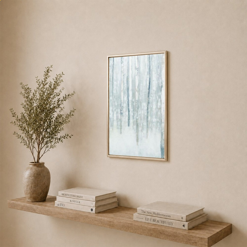 «Birches in Winter Blue Gray» par Julia Purinton - impression sur toile, H 34 po x l 24 po, Beveled Floating Frame, Champagne