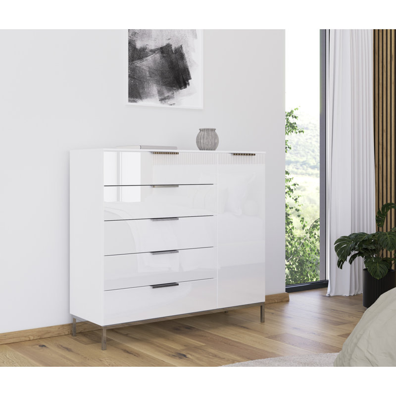 Flipp 5 - Drawer Chest of Drawers, Alpine White/White Glass/Graphite