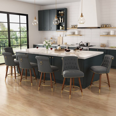 Swivel 24.00'' Counter Stool, Counter Height Bar Stools, 360°Swivel Upholstered Barstools with Back and Footrest for Kitchen Island, Solid Wood Legs