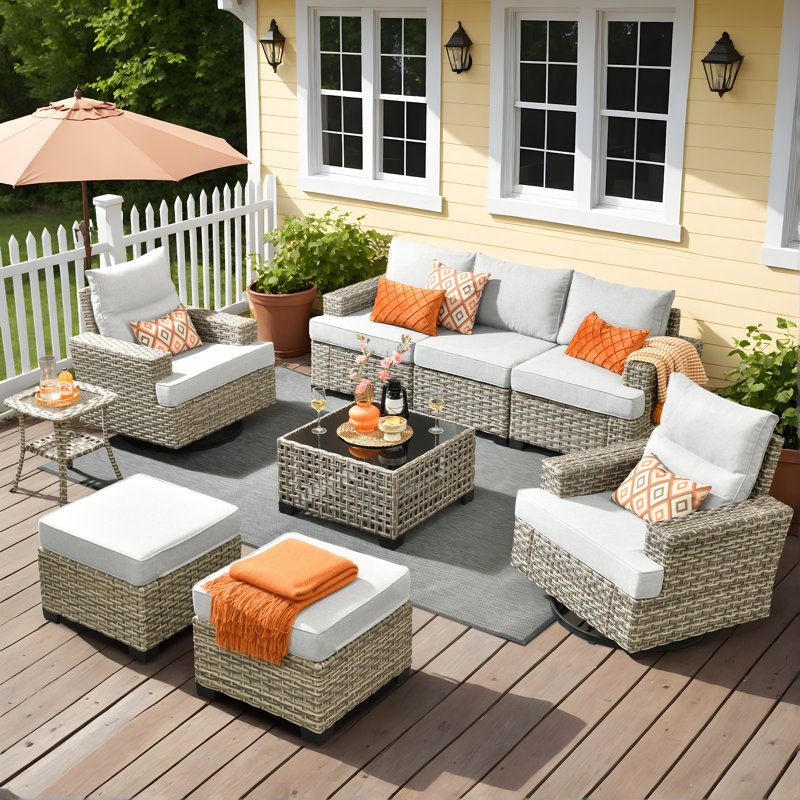 7- Person Rattan Outdoor Seating Group With Swivel Rockers, Light Gray