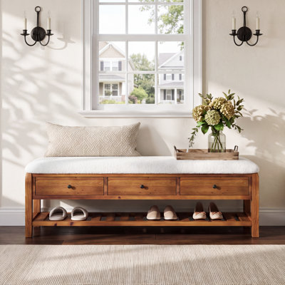 Banc de 55 po en bois massif avec tiroirs, étagère à coussins et à chaussures, banc à chaussures rembourré, banc de rangement de ferme pour vestibule, chambre à coucher, vestibule