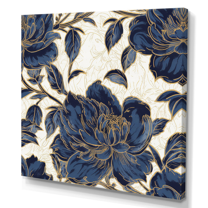Blue Gold Peonies Symphony IV - Peonies Wall Art, 16" H x 16" W x 1" D, Wrapped Canvas