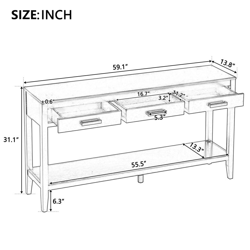 Table d'entrée 59,1 po à 3 tiroirs, console peinte avec tablette inférieure et poignées en fer, table de canapé minimaliste 59,1 po