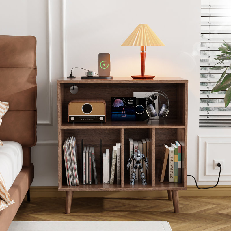 Mathea Record Player Stand with Open Storage with LED Light up to 300 Albums, Brown