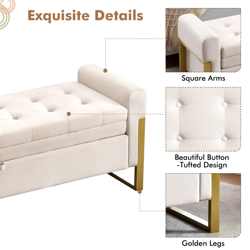 67'' W Modern Upholstered Flip Top Velvet Storage Bedroom Bench, Beige Velvet