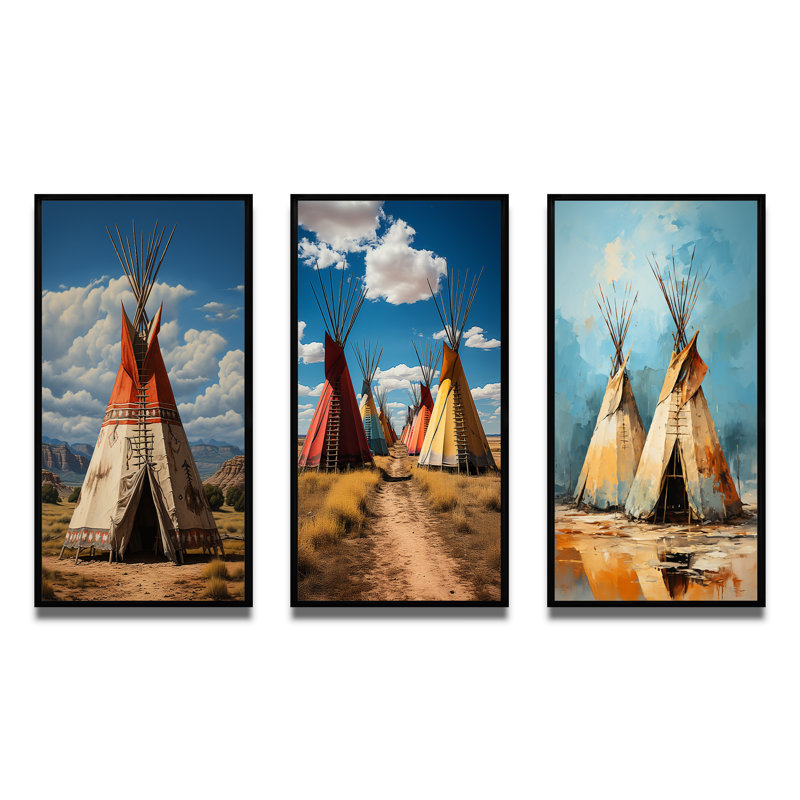 «Coral Native Tipi Sage Wisdom», 3 pièces sur toile, Cadre flottant noir, H 32 po x l 48 po