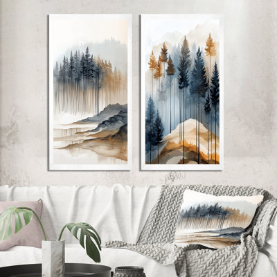 Forêt brumeuse de conifères I - Ensemble de 2 tableaux muraux de forêt pour salon