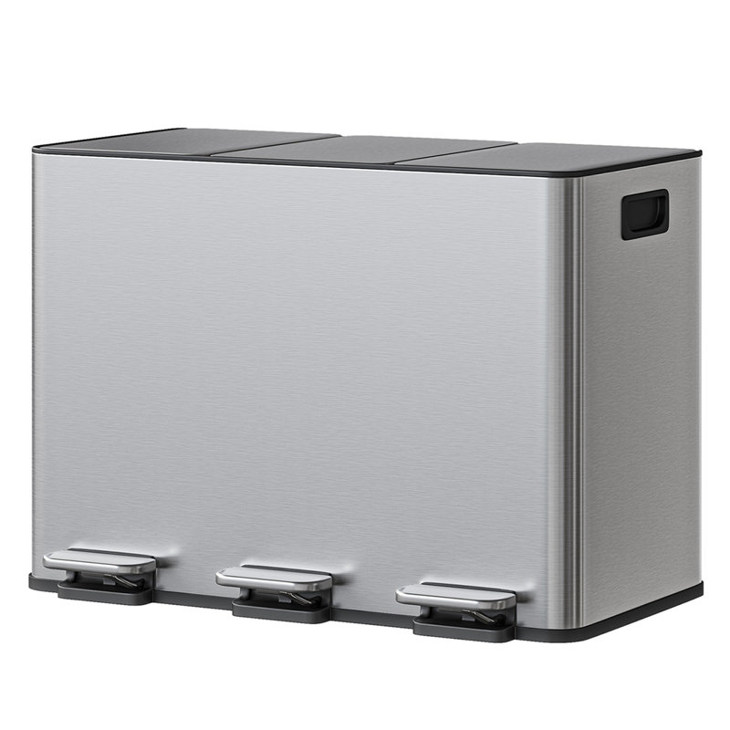 Poubelle de cuisine 12 gallons à 3 compartiments en acier inoxydable avec pédale à fermeture douce, seaux amovibles et poignées latérales