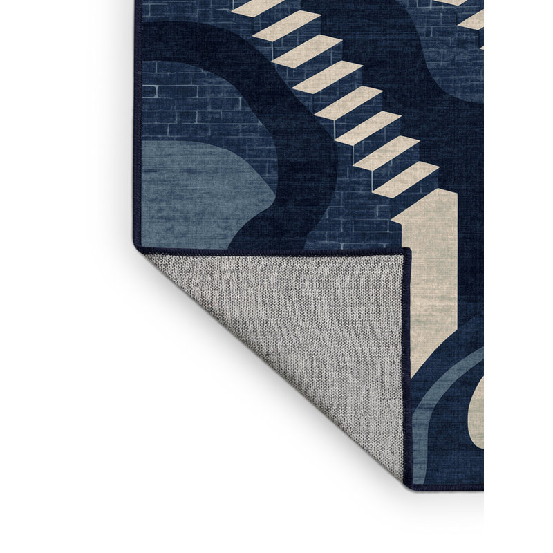 Machine Washable Parez Varanasi Ghats Global Inspired Block Print Rug in Gray – Navy Binding, 7x9