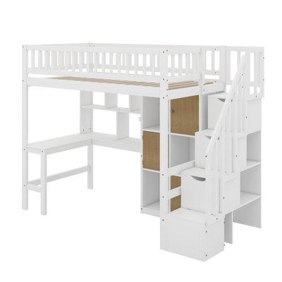 Wood Twin Size Loft Bed With Built-In Desk, LED, Storage Shelves, Cabinets And Staircase