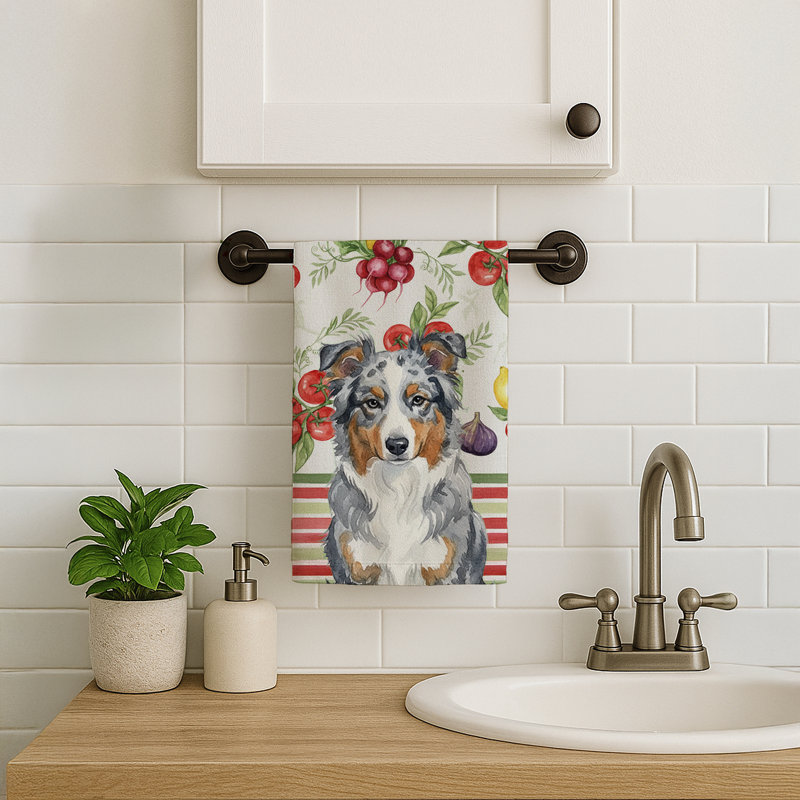 Blue Merle American Shepherd Vegetables Kitchen Towel, Blue Merle American Shepherd