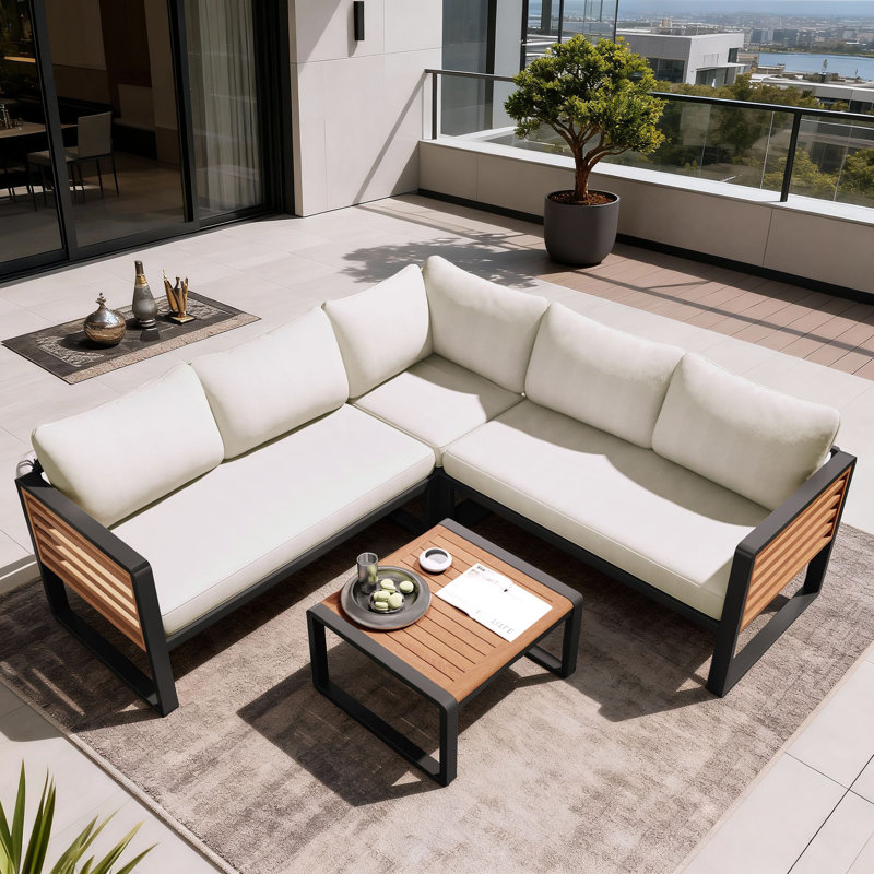 Abdel 4 Pieces Patio Conversation Sets with Cushions,L-shaped Sofa for Garden, Beige