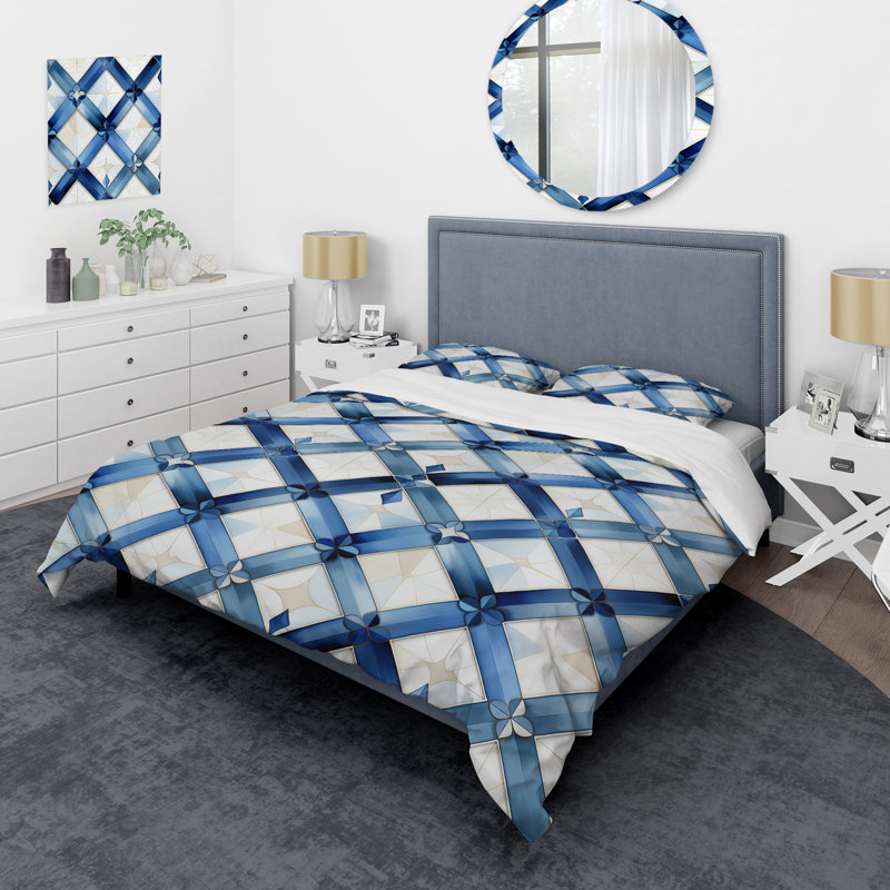 Ensemble de housse de couette à carreaux bleus et blancs et diamants, Housse de couette simple + 1 taie décorative stan