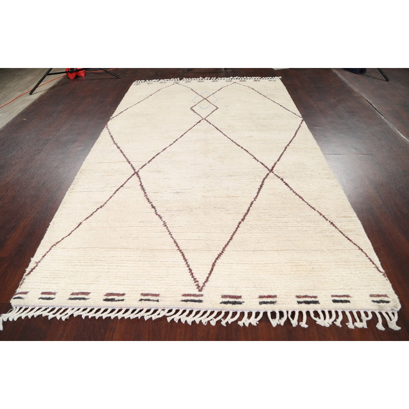 Tapis beige en laine noué à la main de conception unique 5 pi 9 po x 9 pi 5 po New Age
