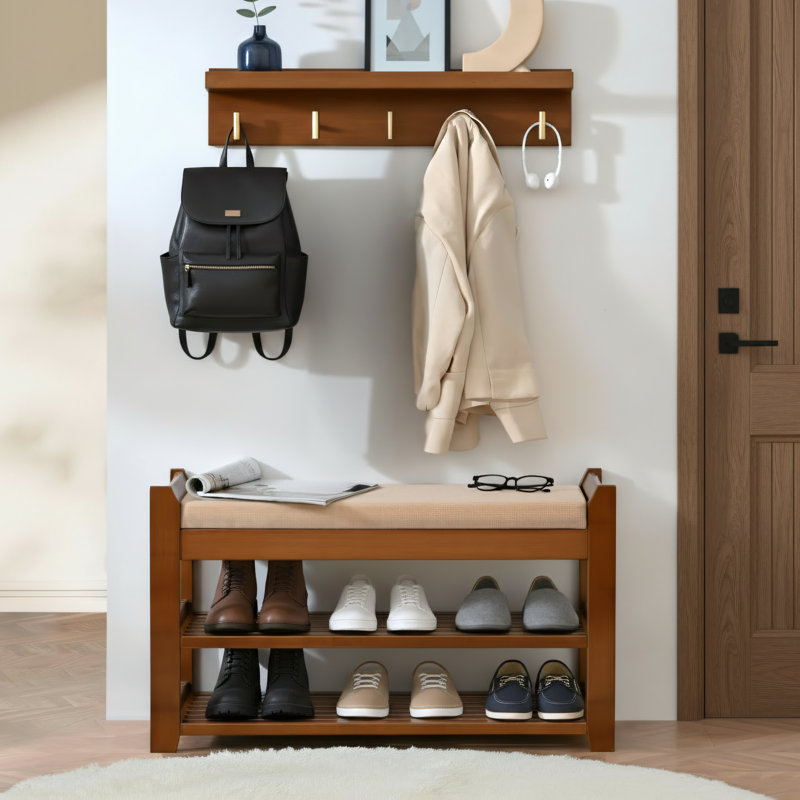 27.7-Inch Porch Bench With Coat Rack, Entryway Storage, And Shoe Bench; Suitable For Various Scenarios Including Entrance Hallways, Bedrooms, And Living Rooms.
