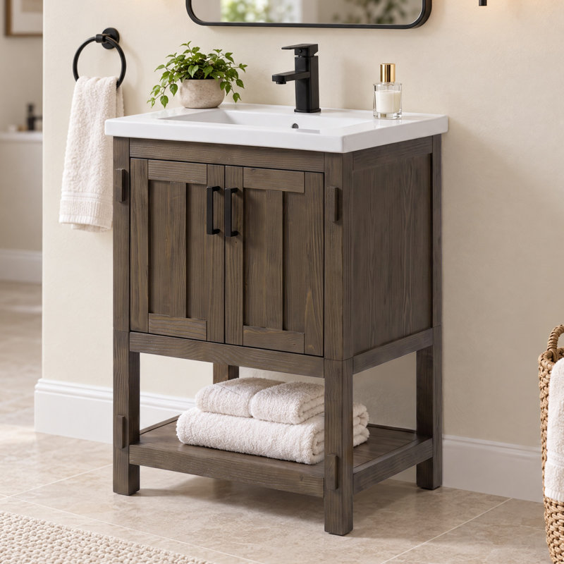 Ensemble de meuble-lavabo simple autoportant 24 po avec plateau en céramique Larangera, Cocoa Brown